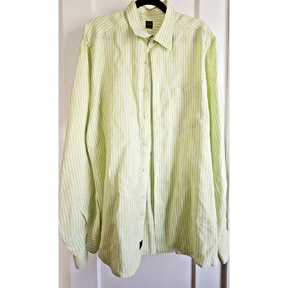 IKE behar New York Peru made green white striped dress shirt 100% Linen men XL